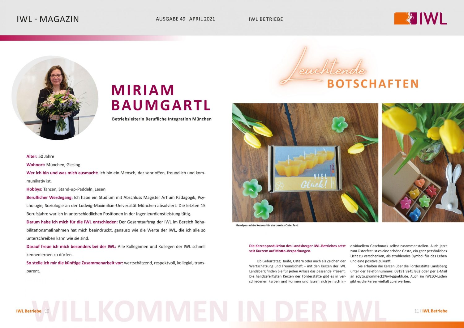 IWL-Magazin Vorstellung Miriam Baumgartl und Kerzen der IWL als Eigenprodukt