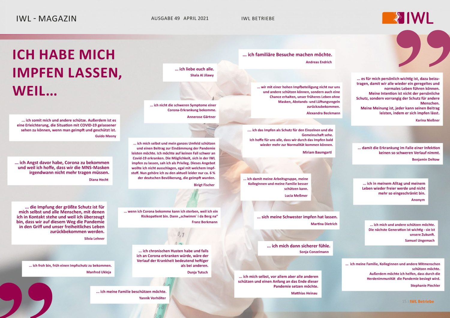 IWL-Magazin mit Antworten auf die Frage "Ich habe mich impfen lassen, weil..."